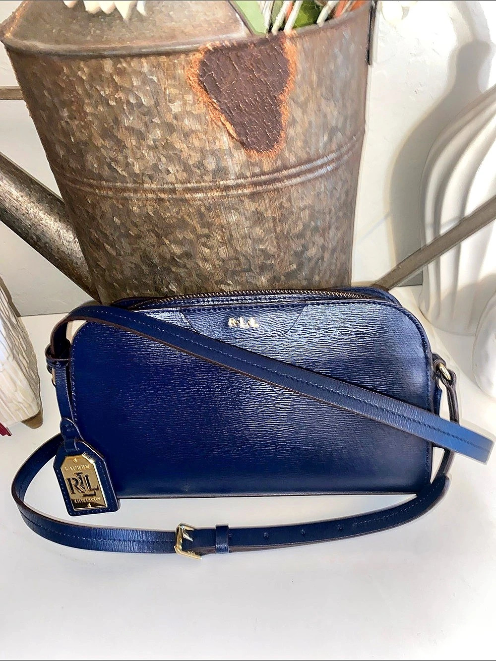 Lauren Ralph Lauren Tate Blue Saffiano Leather Crossbody Bag w/ Gold Hardware